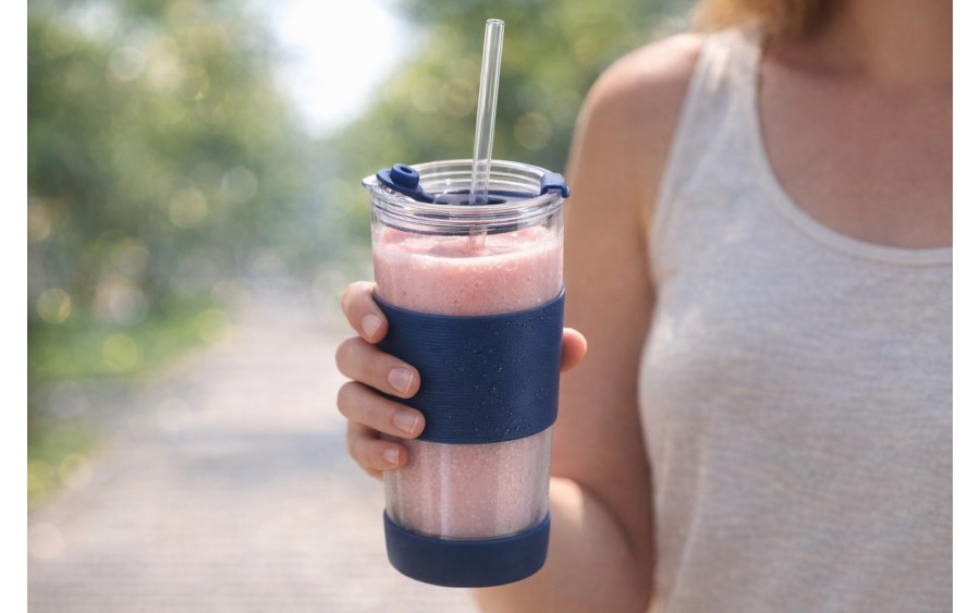 Kubek termiczny szklany ze słomką 600 ml granatowy Fuori 30381