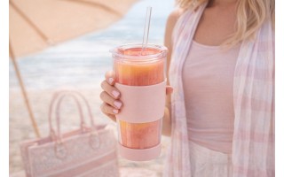 Kubek termiczny szklany ze słomką 600 ml różowy Fuori 30411