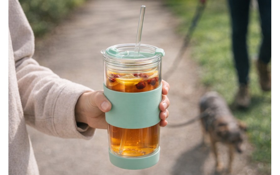 Kubek termiczny szklany ze słomką 600 ml miętowy Fuori 30428