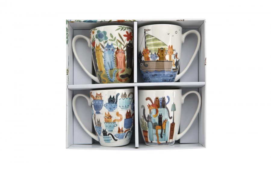 Komplet 4 kubków porcelanowych 360 ml Koci Świat II