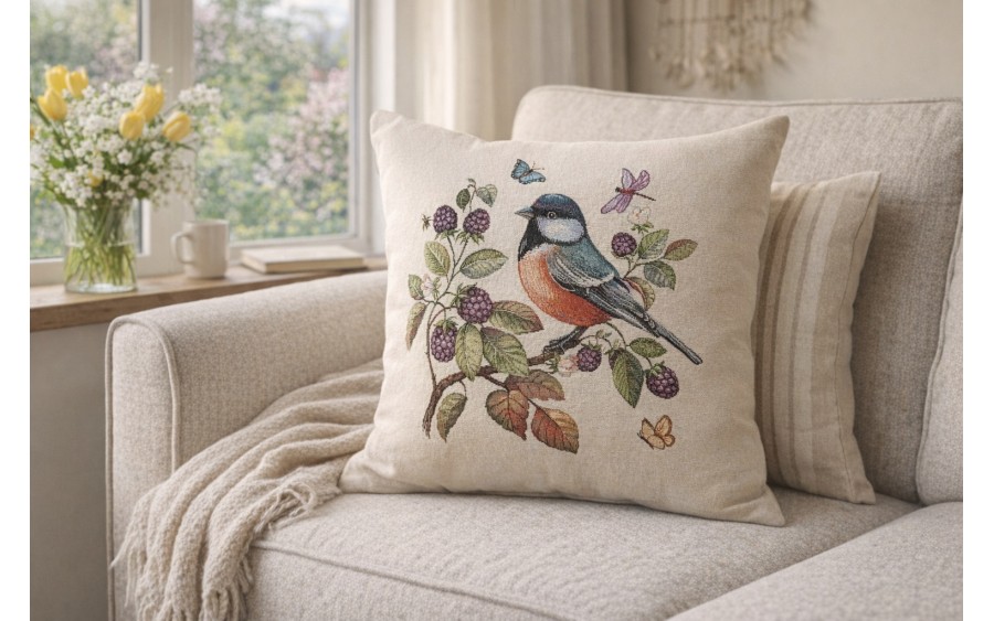 Poszewka dekoracyjna 45x45 cm Ptaszek i Jeżyny Gobelinowa Premium