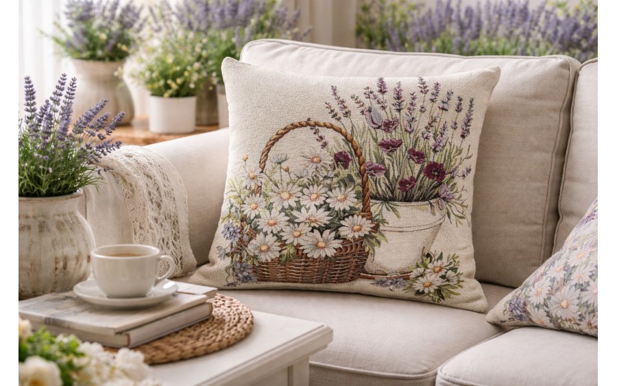 Poszewka dekoracyjna 45x45 cm Kwiaty w koszyku Gobelinowa Premium
