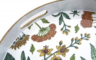 Taca okrągła z uchwytami 33 cm Biała Kwiaty Liście 166865