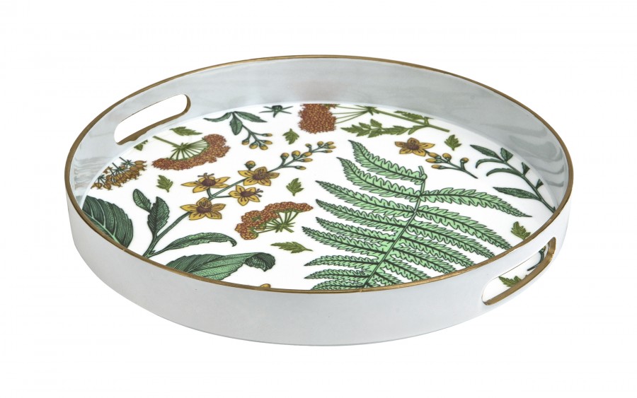 Taca okrągła z uchwytami 33 cm Biała Kwiaty Liście 166865