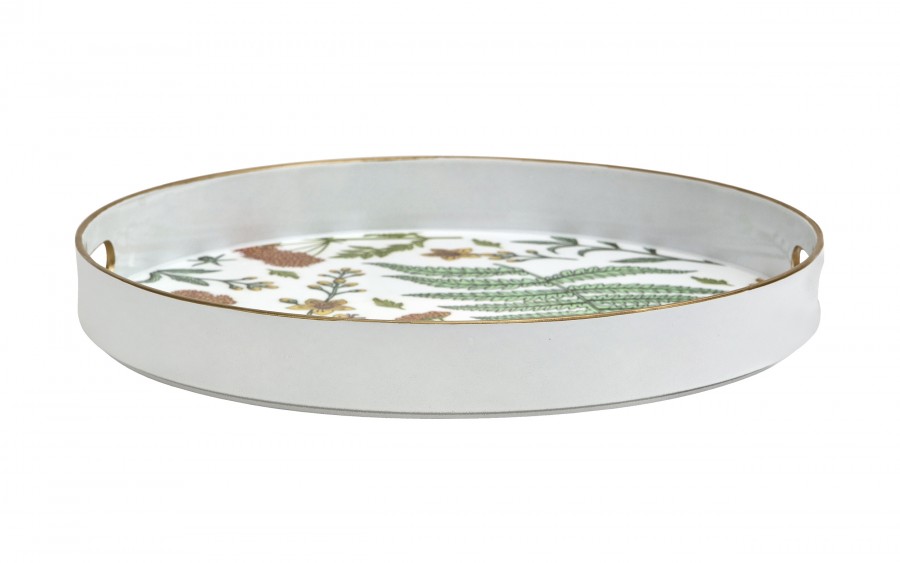 Taca okrągła z uchwytami 33 cm Biała Kwiaty Liście 166865