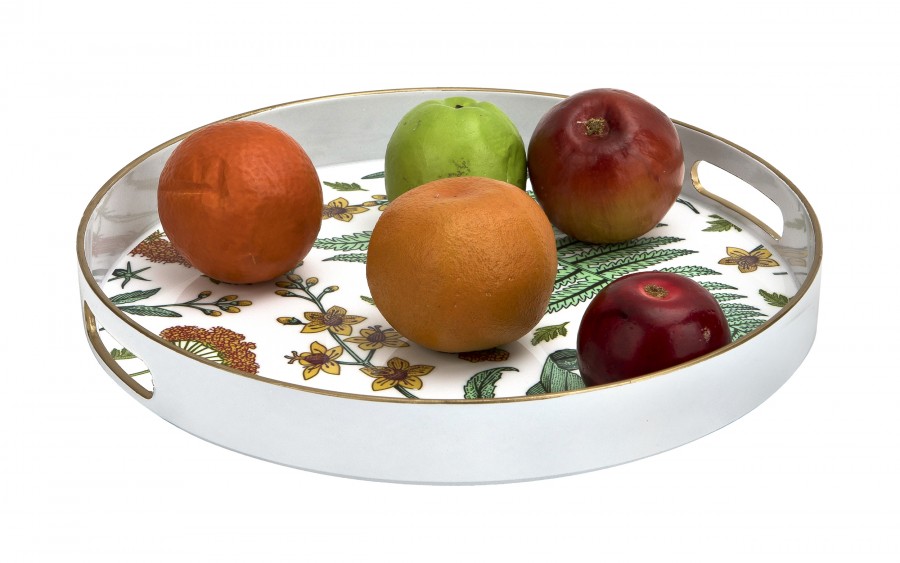 Taca okrągła z uchwytami 33 cm Biała Kwiaty Liście 166865