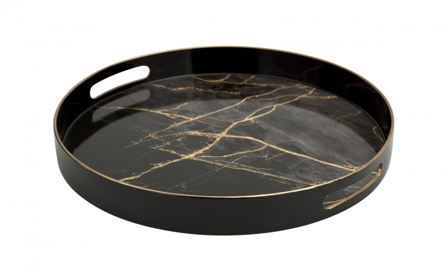 Taca okrągła z uchwytami 37 cm Czarna Marmur 131907