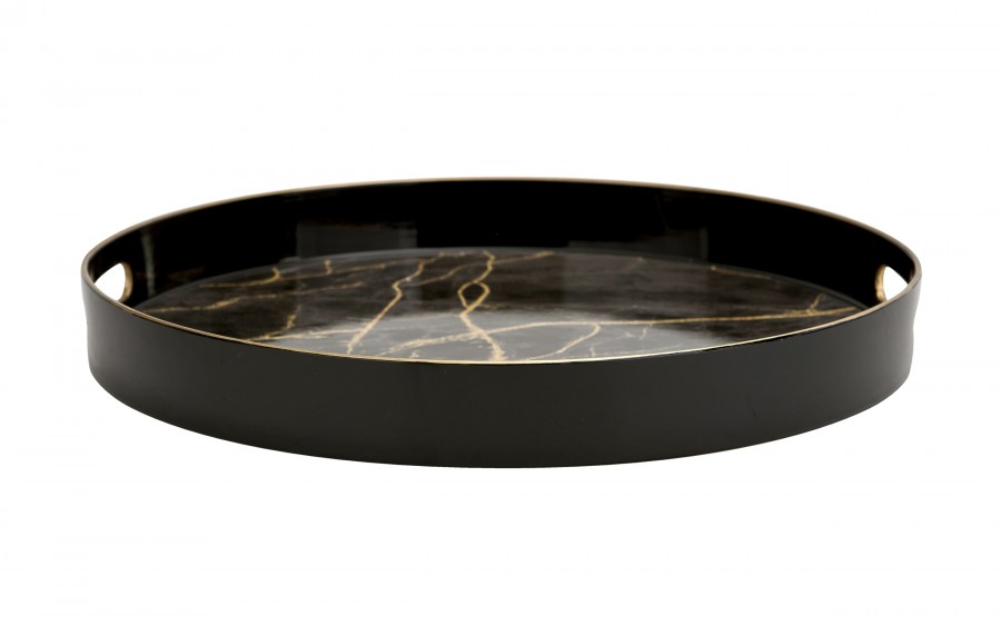 Taca okrągła z uchwytami 37 cm Czarna Marmur 131907