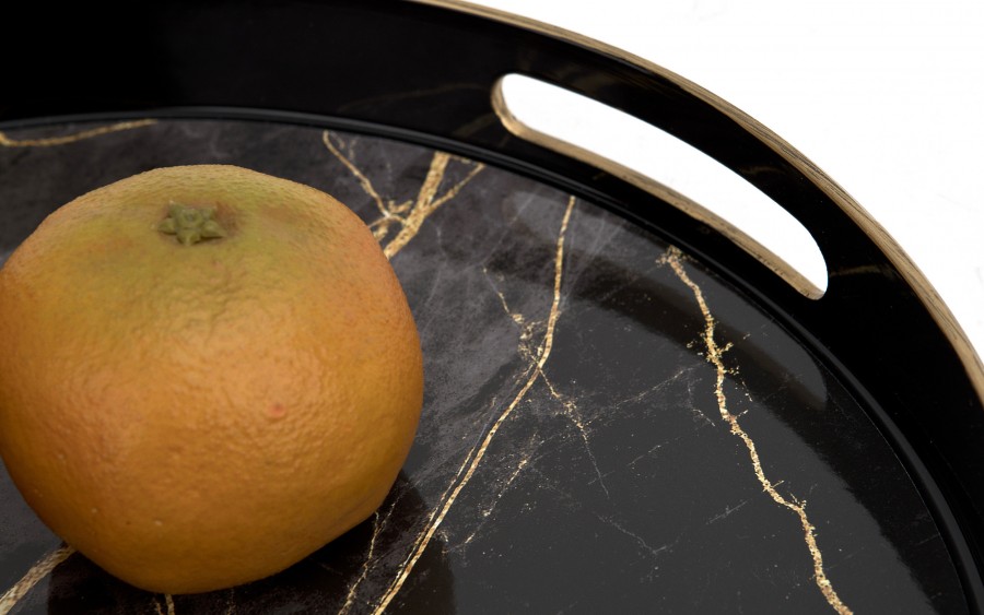 Taca okrągła z uchwytami 37 cm Czarna Marmur 131907