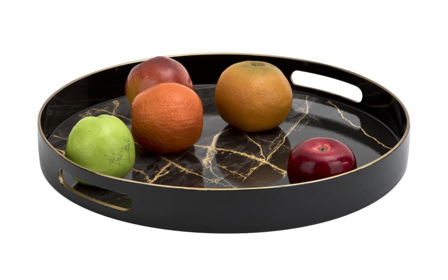Taca okrągła z uchwytami 37 cm Czarna Marmur 131907