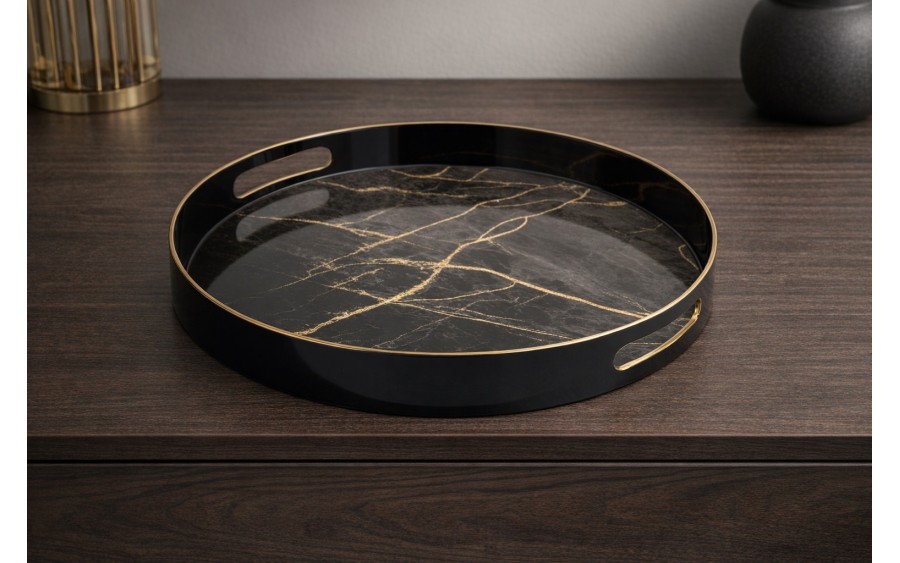 Taca okrągła z uchwytami 37 cm Czarna Marmur 131907