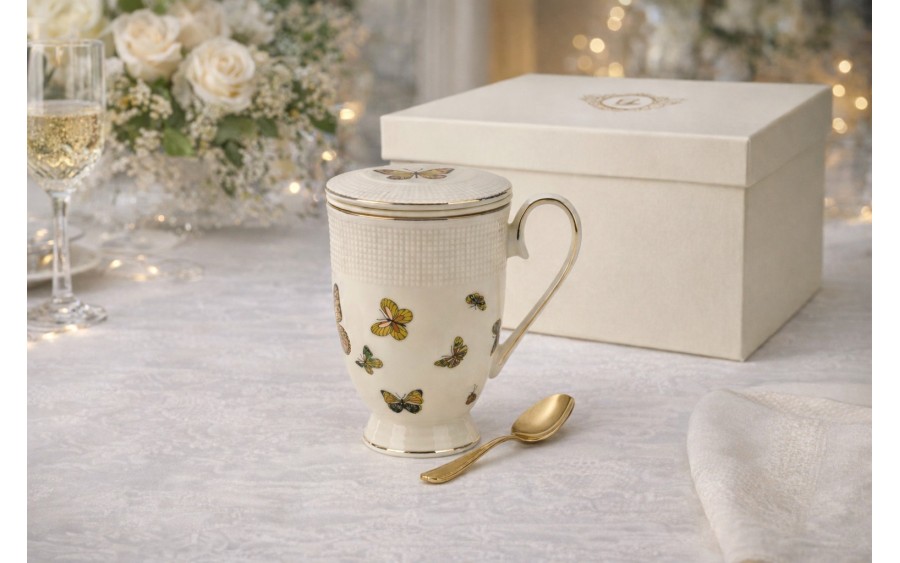 Kubek porcelanowy 400 ml z zaparzaczem Motylki